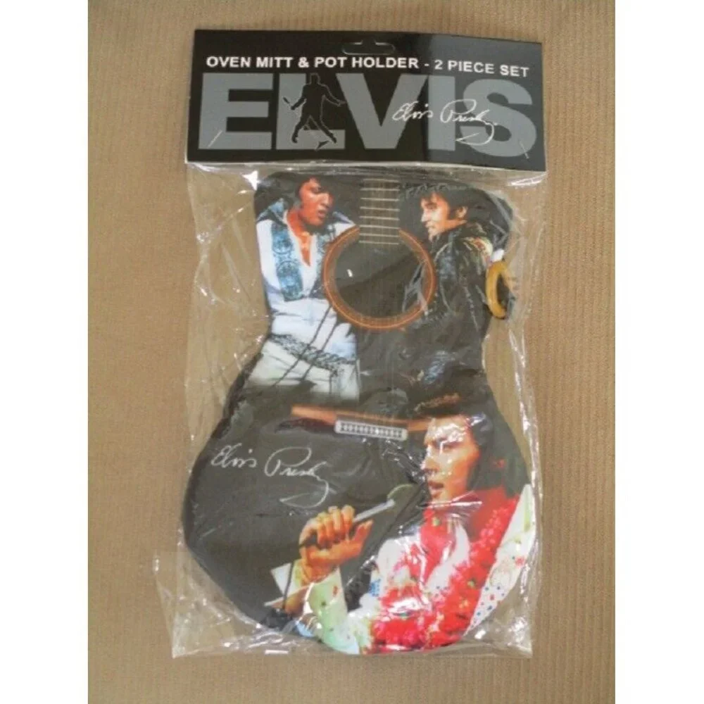New Black Oven Mitt & Potholder Set Elvis Presley Kitchen Guitar The King Photo - Picture 2 of 2